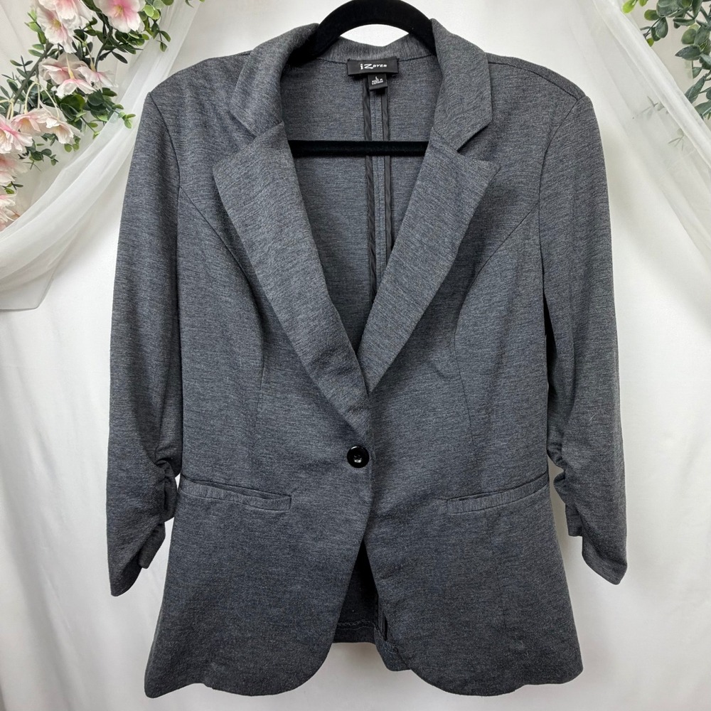 IZ Byer Womens Gray Knit Ruched 3/4 Sleeve Single Button Blazer Jacket Size L